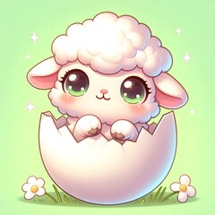 Adorable baby lamb with big sparkling eyes hatching from a cracked egg shell, set against a soft green background with daisies, symbolizing new life and springtime innocence