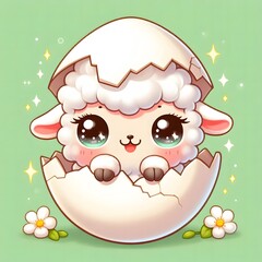 Adorable baby lamb with big sparkling eyes hatching from a cracked egg shell, set against a soft green background with daisies, symbolizing new life and springtime innocence