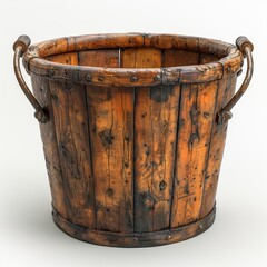 Fototapeta premium Antique Wooden Bucket with Metal Handles - Rustic Farmhouse Decor