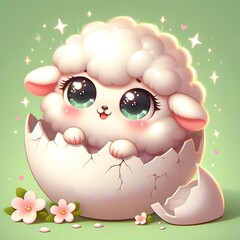 Adorable baby lamb with big sparkling eyes hatching from a cracked egg shell, set against a soft green background with daisies, symbolizing new life and springtime innocence