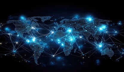 Fototapeta premium A world map with glowing connections between cities, representing global connectivity and the flow of information across borders in the digital age