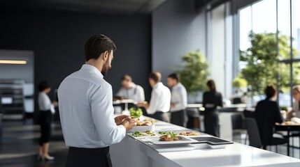 Coworkers enjoying casual buffetstyle lunch in modern breakroom, 3D illustration
