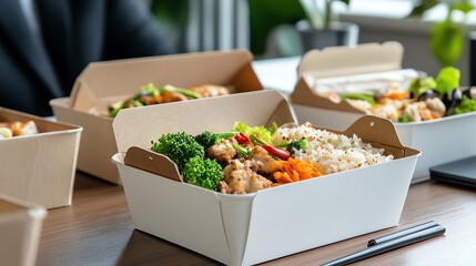 Coworkers enjoying Asian takeout boxes during team lunch, 3D illustration