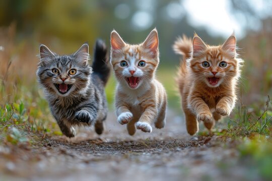 Fototapeta Playful kittens run joyfully down a forest path during a sunny afternoon adventure in nature