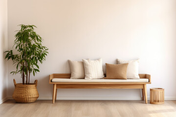 Wooden rustic bench on parquet floor near beige wall with copy space against glass door. Scandinavian minimalist interior design of modern home entryway