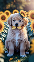 A cute golden retriever puppy with a sunflower, an adorable purebred domestic pet. In a field of sunflowers