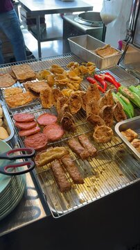 asian food.Yong Tau Foo hakka chinese hawker local food in Malaysia. closeup image of Yong Tau Foo variants, usually served with sweet sauce and made by various fish cake, pork meat and vegetables