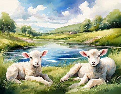 A soft watercolor composition of lambs lying in green pastures, while still waters wind peacefully nearby, blending into the quiet horizon.