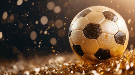 Fototapeta premium Golden football trophy shines brightly, showcasing the triumph of dedicated athletes in a prestigious competition