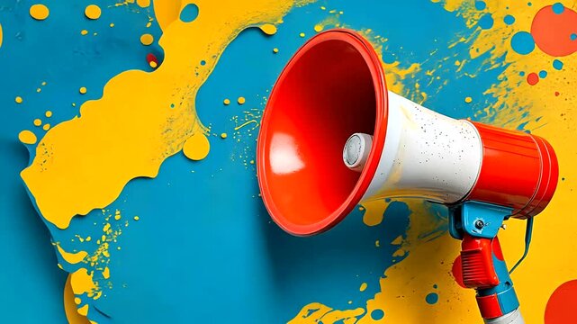 Red megaphone announcement, colorful splash background