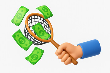 Catching Flying Money with net, isolated white background