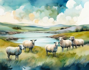 An abstract watercolor of sheep silhouettes against peaceful waters and sweeping fields, with muted tones of green, blue, and ivory.