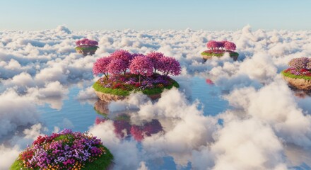 Fototapeta premium Floating Islands of Spring Blossoms - Serene of whimsical islands adorned with vibrant pink blossoms, floating amidst a sea of clouds. A dreamy, peaceful scene