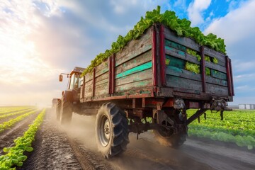 Obraz premium Expansive View of Organic Vegetable Field with Tractor Carrying Fresh Produce Under Blue Sky