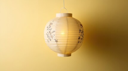 Fototapeta premium Elegant paper lantern softly illuminating warm yellow background