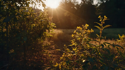 Sunset Over Blooming Wildflowers: Vibrant Nature Landscape & Greenery