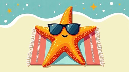 Cartoon starfish wearing sunglasses on a beach towel. Summer vacation, travel, relaxation illustration