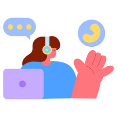 Woman wearing headphones while using a laptop, with a phone icon and speech bubble flat vector illustration for customer support or communication concept