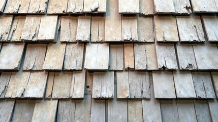 Fototapeta premium A Weathered Wooden Shingle Roof Texture Featuring Detailed Close-Up of Aged, Distressed Wood