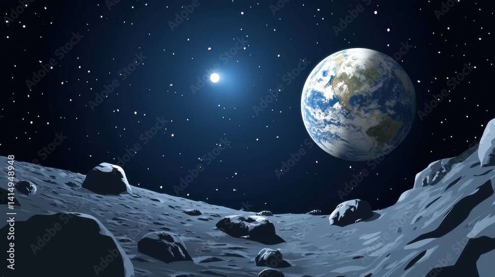 Wall mural earthrise from lunar surface with starry sky and bright sun creating a serene cosmic scene of space 