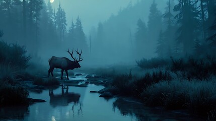 Elk in a misty mountain stream at night
