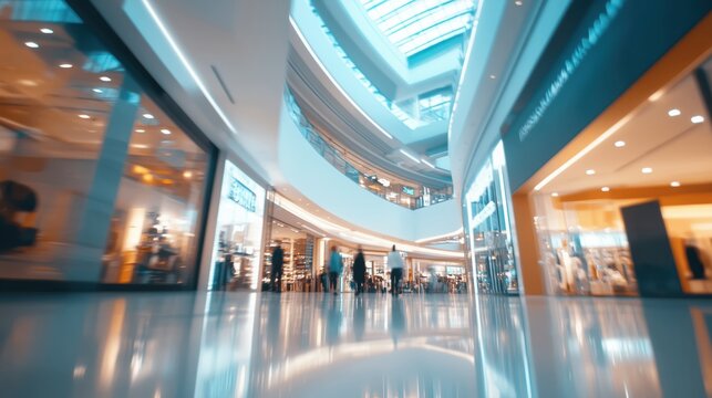 Modern shopping mall interior showcasing upscale stores and architectural design with soft lighting effects - Powered by Adobe