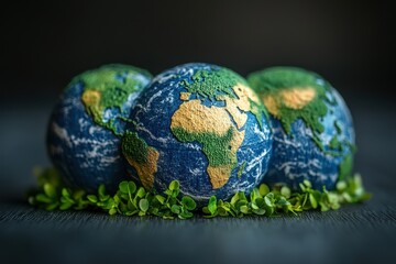 Fototapeta premium Global awareness displayed through three earth globes surrounded by green foliage representing eco-consciousness and sustainability