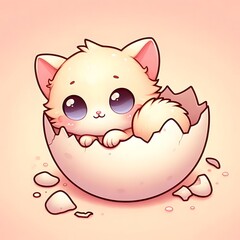 Adorable baby kitten with big sparkling eyes emerging from a cracked eggshell, surrounded by soft pink tones and hearts, symbolizing innocence, love, and new beginnings