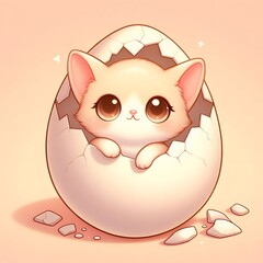 Adorable baby kitten with big sparkling eyes emerging from a cracked eggshell, surrounded by soft pink tones and hearts, symbolizing innocence, love, and new beginnings