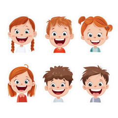 A collection of cheerful cartoon kids' faces featuring different hairstyles and expressions, ideal for fun and playful designs.