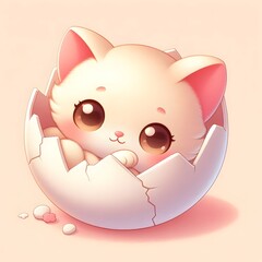 Adorable baby kitten with big sparkling eyes emerging from a cracked eggshell, surrounded by soft pink tones and hearts, symbolizing innocence, love, and new beginnings