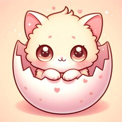 Adorable baby kitten with big sparkling eyes emerging from a cracked eggshell, surrounded by soft pink tones and hearts, symbolizing innocence, love, and new beginnings