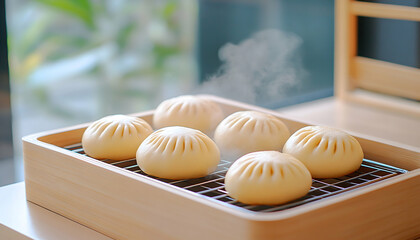 Steaming, fluffy bao buns in a wooden steamer . Generative AI