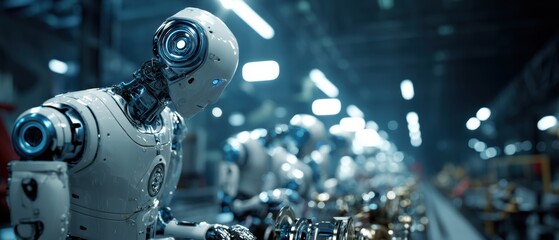 Futuristic humanoid robot assembling advanced technology components