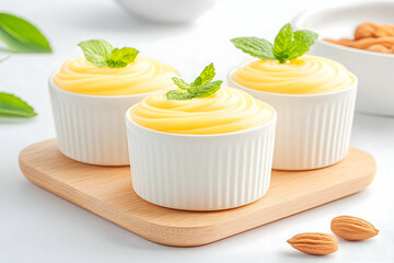 Three creamy yellow desserts in ramekins, garnished with mint, served on a wooden board, with almonds . Generative AI