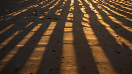 Abstract Beach Sand Patterns in Evening Light: Tranquil Scenic Photography with Dappled Shadows and Warm Silhouettes