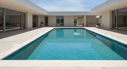 Obraz premium Modern Courtyard Pool Design - Tranquil turquoise pool in a minimalist courtyard setting. Clean lines and light-colored stone create a serene atmosphere