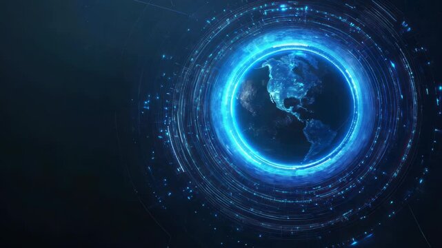 Global network connection, digital earth, glowing technology, dark background, futuristic concept
