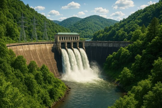 Scenic Hydro Power Dam Surrounded by Lush Green Landscape