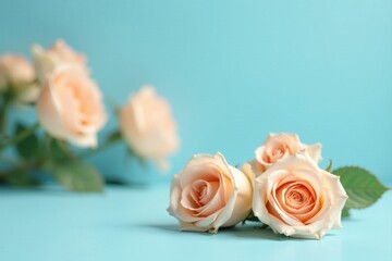 Fototapeta premium A delicate cluster of pale peach roses rests on a serene light blue background, subtly blurred roses in the background enhance the dreamy ambiance.