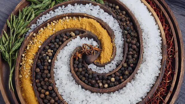 Spiral arrangement of spices and herbs in wooden bowl.