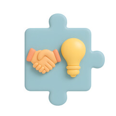 3D Render of a Puzzle Piece with Handshake and Lightbulb Representing Collaboration and Innovation