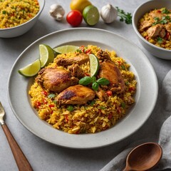 Fototapeta premium Golden Culinary Creation: This top-down shot presents a beautiful dish of flavorful chicken resting atop a vibrant bed of yellow rice, enhanced with fresh lime wedges and aromatic herbs.
