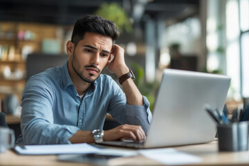 Busy professional business man company employee, young male worker software developer, latin businessman typing on computer technology using laptop searching on web working at office workplace