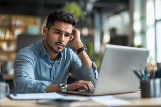 Busy professional business man company employee, young male worker software developer, latin businessman typing on computer technology using laptop searching on web working at office workplace