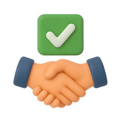 3D Render of a Handshake with a Green Checkmark - Successful Deal, Partnership, and Agreement