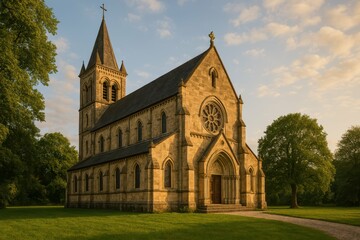 Serene Stone Church Surrounded by Lush Greenery at Sunset