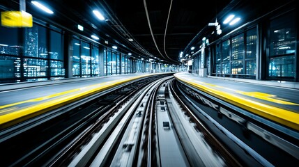 Obraz premium Subway tracks curving through a station with blurred motion and bright lighting.