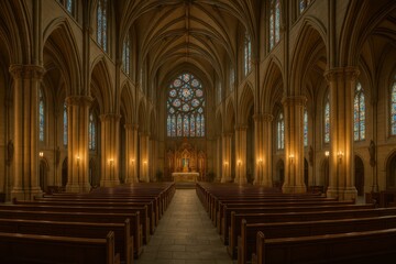 Obraz premium Serene Interior of Gothic Church with Stained Glass Windows