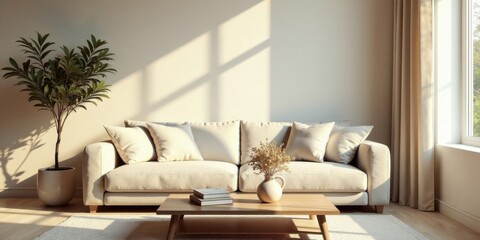Serene living room interior design showcasing a minimalist off-white sofa, complemented by natural light filtering through sheer curtains and a potted plant.